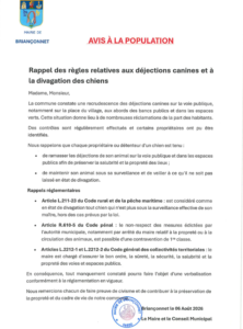 Avis population sur le rappel des règles relative aux déjections et divagation canine